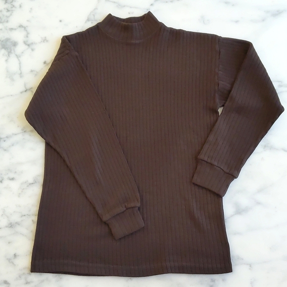 Dropped Shoulder Long Sleeve Cotton Knit Stripe 1.5" Turtleneck Top. - Picture 3 of 4